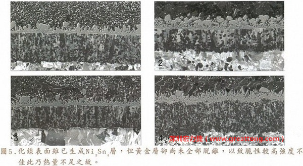下面四圖顯示，當(dāng)焊接的熱量不足或未持續(xù)時(shí)，雖然Ni3Sn4的薄薄IMC層已經(jīng)生成而焊牢，但也會(huì)因?yàn)锳uSn及AuSn2還未來得及逸走，而停留在共金介面附近，當(dāng)有外力拉扯的時(shí)候，就很容易斷裂開來。這就是為何ENIG的焊點(diǎn)強(qiáng)度，始終不如銅面焊點(diǎn)(Cu6Sn5)來得更為牢固的主因之一。