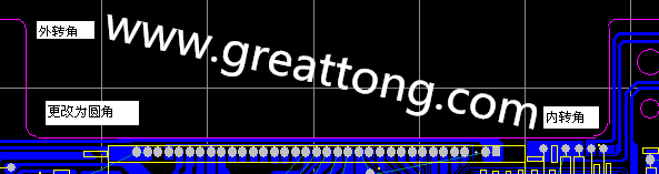 PCB設(shè)計時單面板的轉(zhuǎn)角都需為圓角，R1.0mm或R2.0mm為宜。