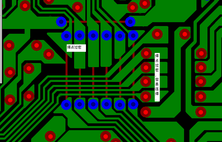 PCB設(shè)計焊點過密，易造成波峰連焊，焊點間漏電