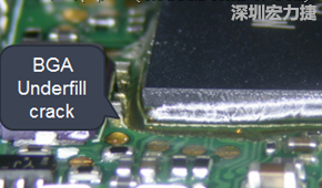 下面兩張照片就顯示既使添加了底部填充膠underfill，經(jīng)過摔落后還是發(fā)生BGA錫球破裂的問題，因為連Underfill膠都裂開了。