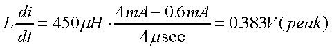 舉例來說，一個閘在"ON"而載有4mA的電流時，突然開關(guān)切到"OFF"且現(xiàn)在載有0.6mA的電流，假設(shè)開關(guān)時間為4msec，載有450mH的電感信號的導(dǎo)體，此時所產(chǎn)生的電壓突波為