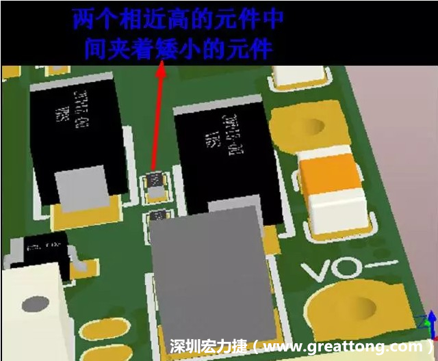 放置器件時要考慮以后的焊接和維修，兩個高度高的元件之間盡量避免放置矮小的元件