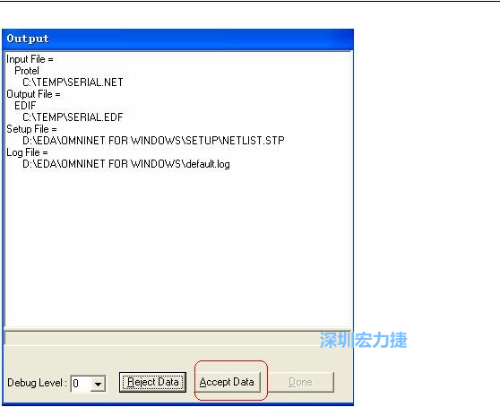 系統(tǒng)彈出一個(gè)輸出窗口，點(diǎn)擊 Accept Data。完成后點(diǎn)擊“確定”，再點(diǎn)擊“Done”關(guān)閉輸出窗口。退出 Omninet for Windows。