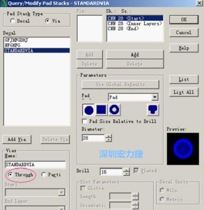 分析文件完成后，點(diǎn)擊菜單Setup→Pad Stacks調(diào)出焊盤(pán)堆設(shè)置窗口，將Pad Stack Type改為Via