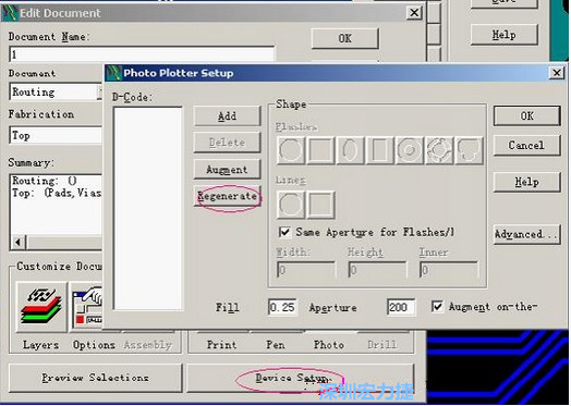 當(dāng)Gerber和鉆孔都設(shè)置完后，選擇一貼片元件較多的層（一般為T(mén)op層），點(diǎn)擊Device SetupPhoto，將 Plotter Setup窗口D-Code欄原有的D碼刪除并按Regenerate重新生成