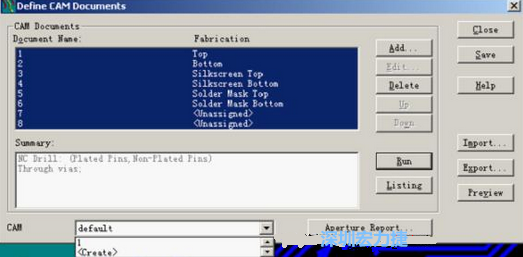 回到Dsfine CAM Documents窗口 ，將所有須輸出的文件用鼠標(biāo)拉住選擇，按Run輸出，默認(rèn)輸出路徑是安裝目錄的\CAM\default，也可按CAM的Create更改