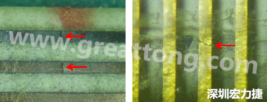 一旦找到確切的銅箔線路斷裂位置，如果還是無法觀察到斷裂的現(xiàn)象，就試著在顯微鏡下彎曲該位置的軟板，這樣就可以突顯并放大斷裂銅箔的開口了。 