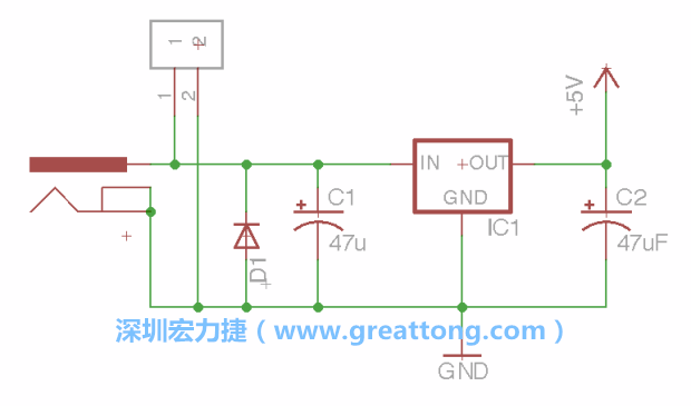 2.5.    新增一個二極體，它會以水平的狀態(tài)出現在屏幕上，請使用「旋轉（Rotate）」工具把它負極那一面朝上，并且用「網絡連接」工具將它連接在電壓調整器的輸入端和接地端之間。