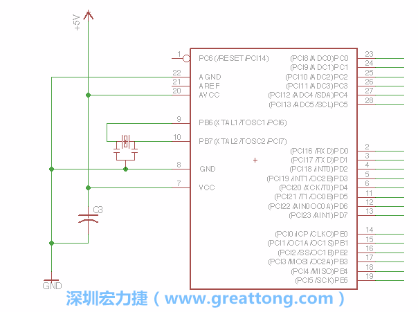 3.2.    在靠近ATmega的電源供應(yīng)針腳7的位置放置一個(gè)0.1μF的電容，將它分別連接電源、接地端和針腳7。