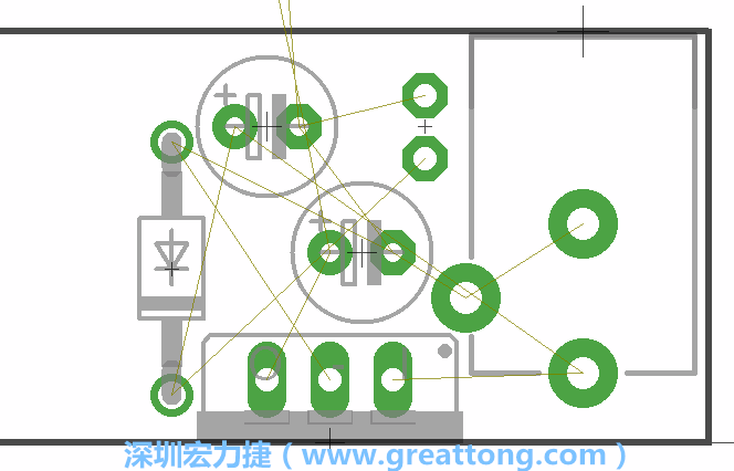 如同第一篇的步驟，我們將從電源迴路開始著手，移動電源插座（Power Jack）、電壓調(diào)整器、二極體、兩個電容和輔助接頭JP1到如上圖所示的位置。