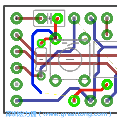 要在電路板正面進行+5V信號線連結(jié)和其他連結(jié)點的布線工作是非常容易的，而重置信號線（信號線用來連結(jié)電路板正面左邊的重置開關(guān)）需要經(jīng)過一個可以通過電路板正反兩面的電路通道，這個通道是一個可以讓電路板正反兩面線路連接的一個小孔。