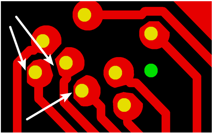 按源文件文件數(shù)據(jù)計算，孔邊緣到線邊緣6mil，孔環(huán)4mil，環(huán)到線只有2mil，保證環(huán)到線之間有3mil的安全間距需削1mil焊環(huán)，削后焊盤只有3mil