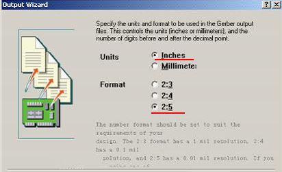 在上圖中選擇“Inches 2：5”，以確保資料精度，反之線寬、線距或孔有偏移現(xiàn)象