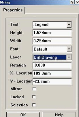7. 放置分孔圖，按“P、S”在圖形的右下角放置一字符串，并雙擊打開，將Text改為。Legend；Layer改為DrillDrawing即可